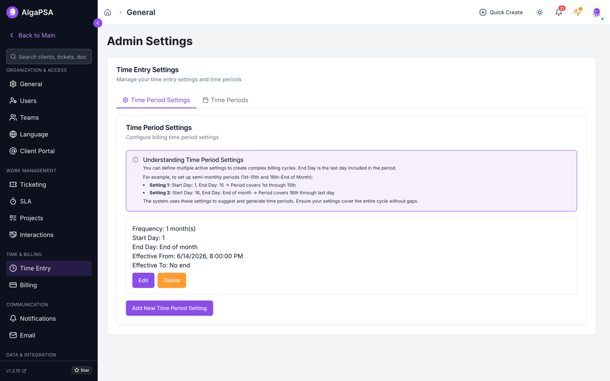 AlgaPSA Time Entry Settings showing the Time Period Settings tab with an active monthly period configuration
