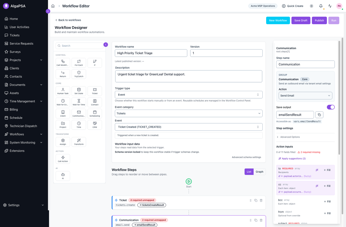 Workflow designer showing a ticket-created trigger, action palette, ticket step, and communication step