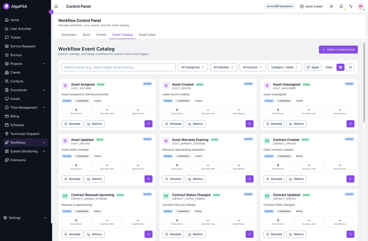 Workflow event catalog showing asset and billing trigger cards
