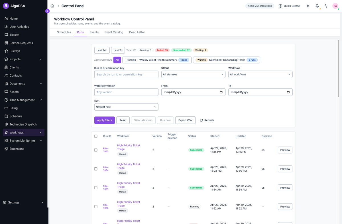 Workflow run monitoring screen with status filters and run history