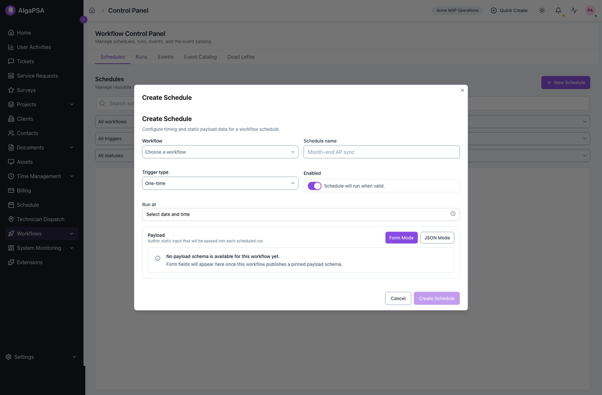 Create schedule dialog for a workflow automation