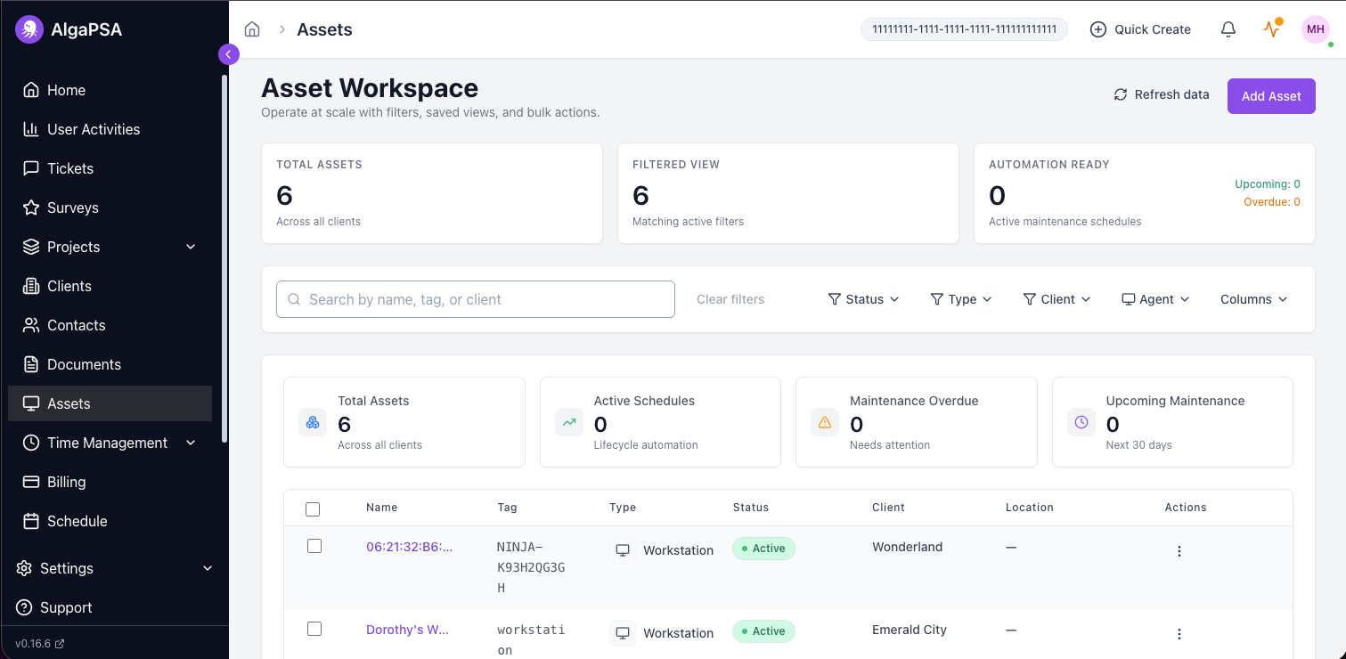 Alga PSA asset workspace overview