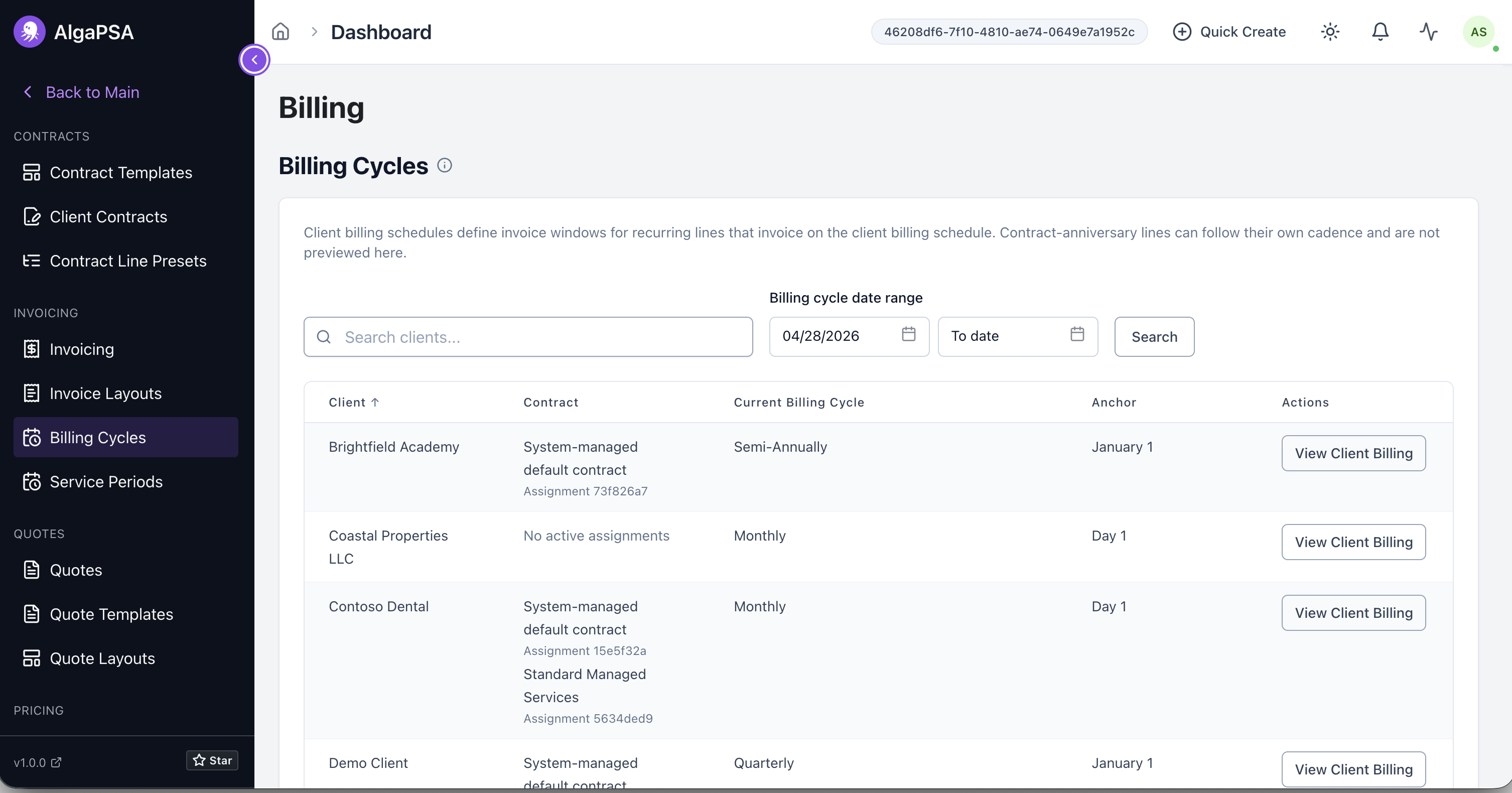 Alga PSA billing dashboard