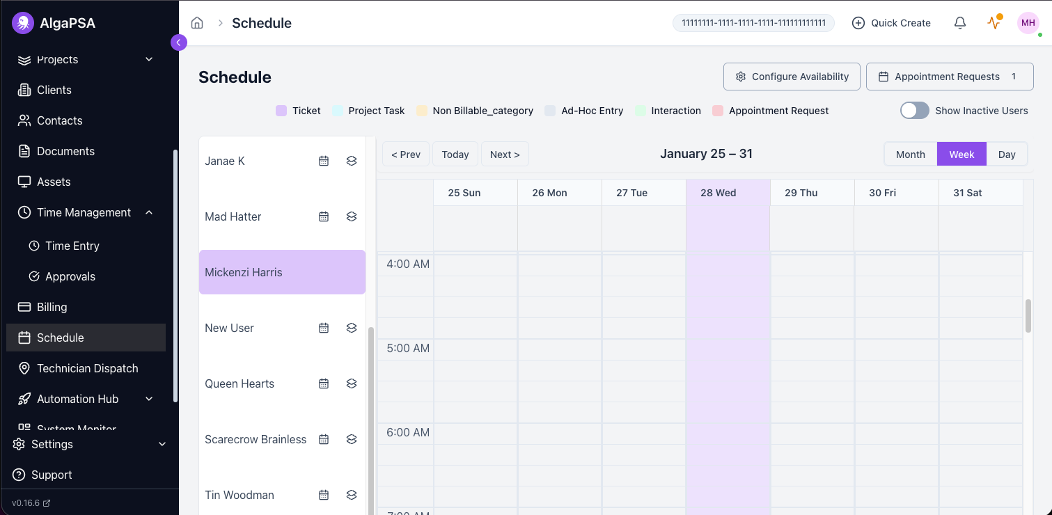 Alga PSA schedule view